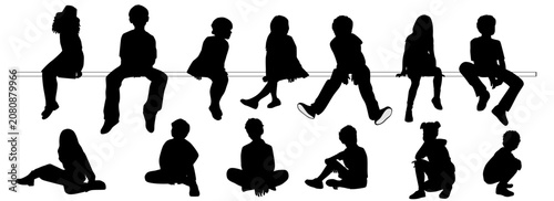 Boys and girls sitting on a bench, silhouettes, vector, group of children, black color on a white background