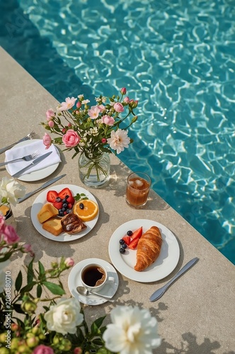 Brunch by the Pool With Fresh Fruits, Coffee, and Flowers on a Sunny Day