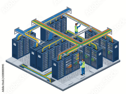 Isometric view of modern data center with servers and network infrastructure in futuristic digital style