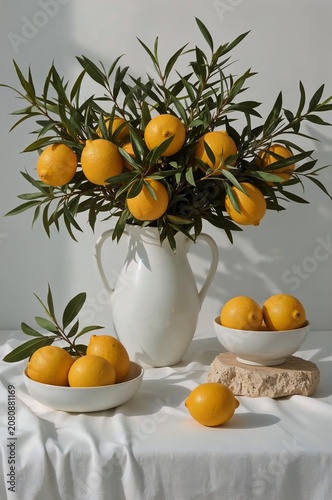 Lemons and Leaves in a Vase on a Table With Bowls of Lemons