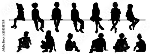 Boys and girls sitting on a bench, silhouettes, vector, group of children, black color on a white background