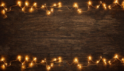 Rustic Wooden Background With Glowing Christmas Fairy Lights