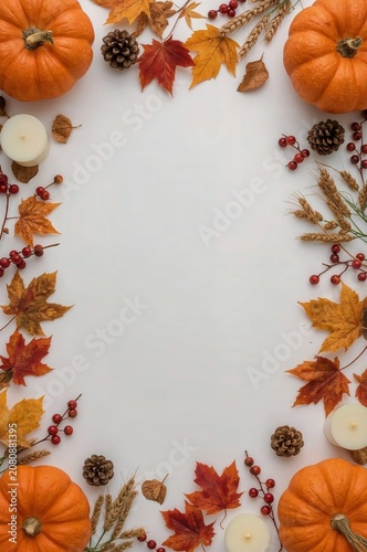 Fall Decorations With Pumpkins, Candles, and Leaves on a White Background
