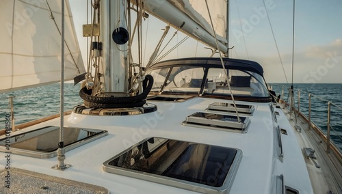 Sailing Boat Gliding Over Water During the Day With Sails Raised and Sun Shin...