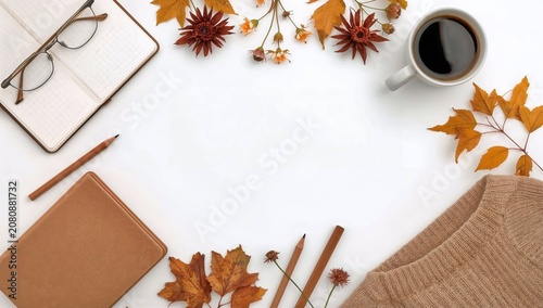 Autumn Workspace With Coffee, Notebook, and Leaves Arranged on a Table