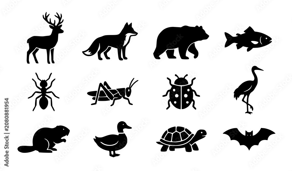 Fototapeta premium Wild Forest Animal Black Silhouette Vector Set Featuring Deer Wolf Bear Birds Turtle and Bat