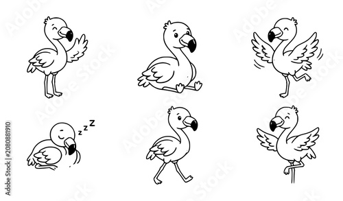 Cute cartoon parrot character set showing different poses, walking, sleeping, flying, and standing isolated on white