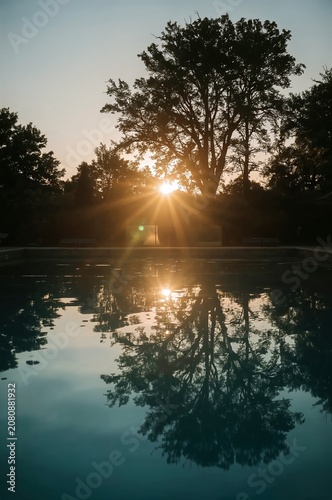 Sunrise Over Pool With Tree Reflection and Clear Sky in the Background