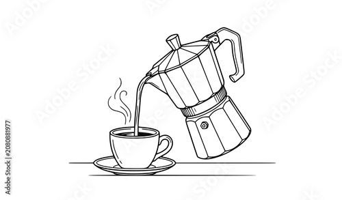 Fotografie Hand drawn moka coffee pot pouring fresh hot coffee into cup line art illustrati