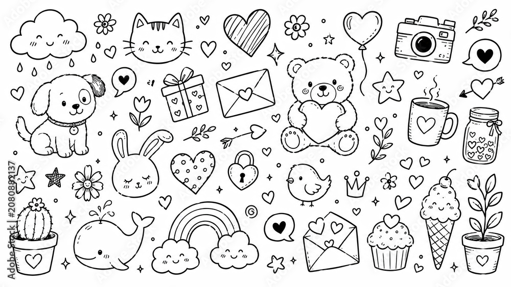 Fototapeta premium Set of black hand drawn doodle hearts isolated on a white background