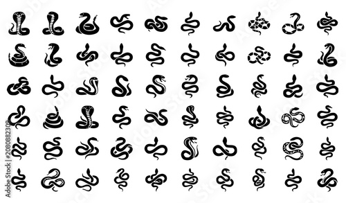 Snake silhouette collection featuring multiple coiled, crawling, and curved reptile poses isolated on white background