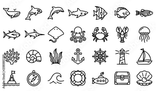Hand Drawn Marine Life and Nautical Outline Icon Set Collection Isolated on White Background