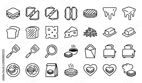 Breakfast food line icon set including bread, cheese, eggs, coffee, jam, and kitchen utensils