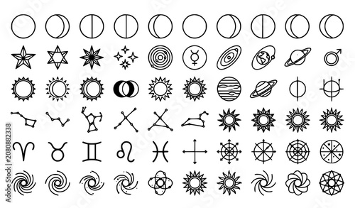 Celestial symbol icon collection featuring moon phases, stars, zodiac signs, galaxies, and astronomy elements isolated