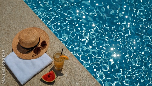 Enjoy Summer by the Pool With a Refreshing Drink and Snacks in Bright Sunlight