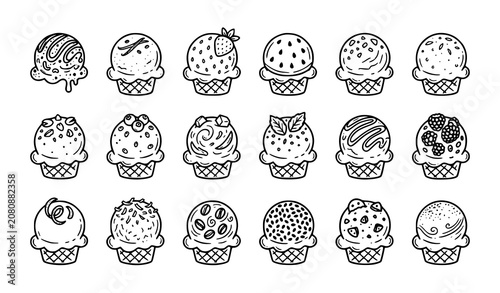 Cute ice cream scoop icon set featuring various flavors, toppings, and dessert illustrations isolated background