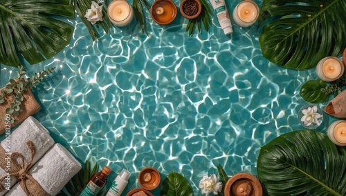 Spa Setup With Candles and Products Around Water Surface in a Relaxing Enviro...