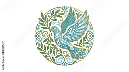 Decorative vector pattern illustration of peace doves with green olive branches background