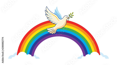 White Dove of Peace Flying Over a Vibrant Colorful Rainbow Flat Vector Illustration