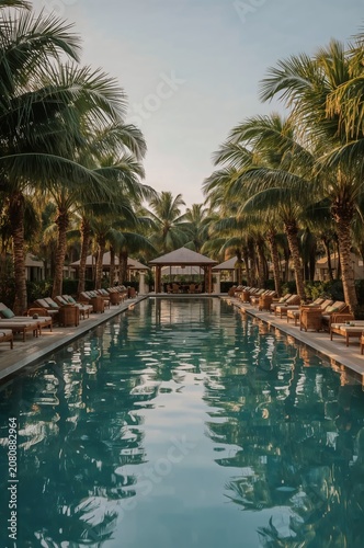 Resort Pool Surrounded by Palm Trees During Evening Light
