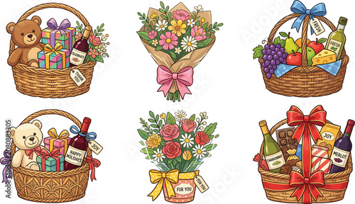 Gift Basket Set with Teddy Bear, Flower Bouquet, Wine, and Fruit Vector Illustration for Celebration and Present Designs