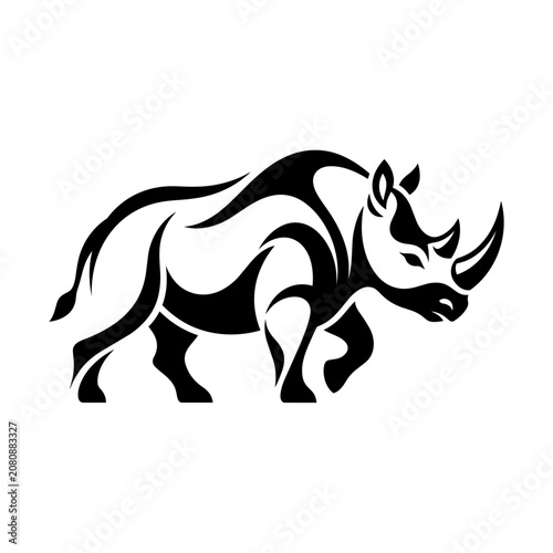 A black illustration of a powerful rhino walking in profile view
