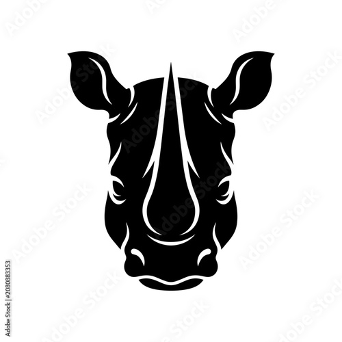 A black illustration of a rhino's face with white outlines on a white background