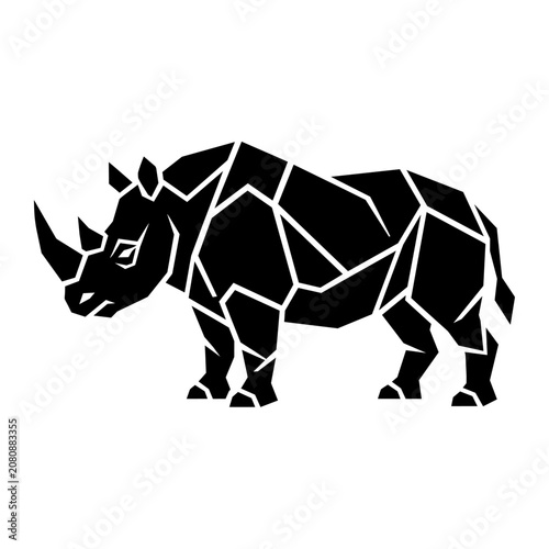 A geometric illustration of a rhinoceros standing in profile view
