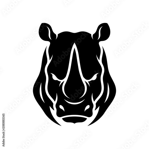 A black illustration of a large rhinoceros head with white details.