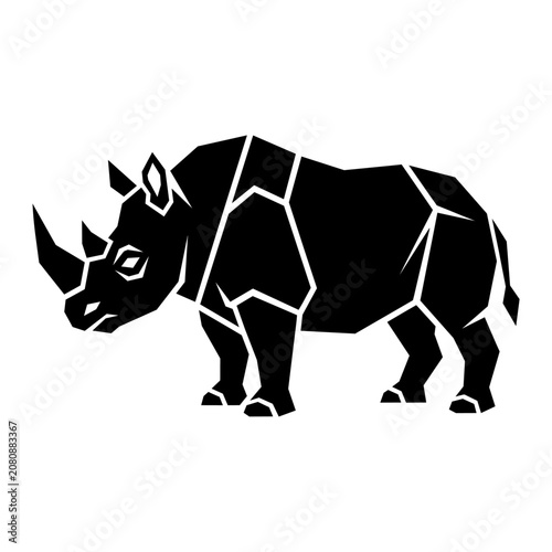 A geometric illustration of a rhinoceros standing in profile view.