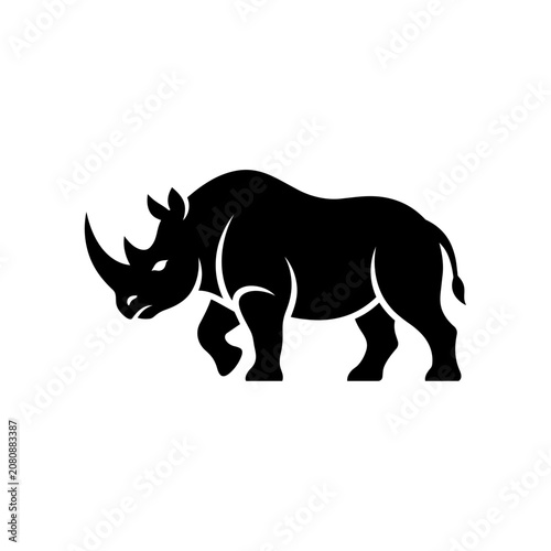 Black rhino walks on white background in profile view