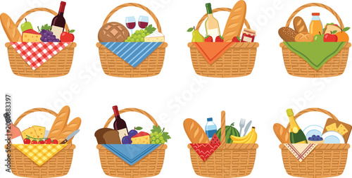 Picnic Basket Icon Set with Bread, Wine, Fruit, and Cheese on Checkered Cloth for Summer Food and Outdoor Designs