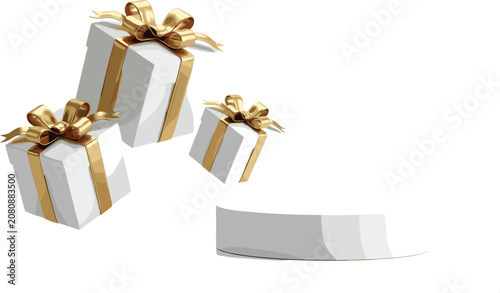 Elegant White Gift Boxes with Gold Ribbon Bows Vector Set for Luxury Birthday, Wedding, and Holiday Celebration Designs