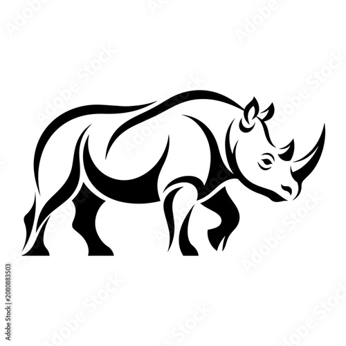 A black illustration of a rhinoceros walking in profile view.