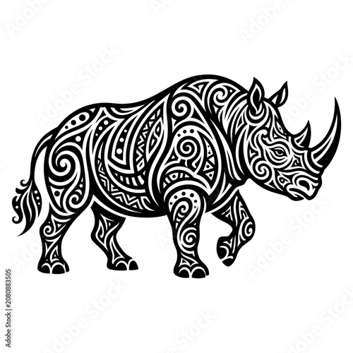 A rhinoceros with intricate tribal tattoo designs walks slowly across a plain.