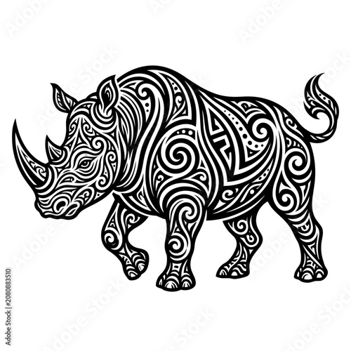 A detailed illustration of a walking rhinoceros with tribal patterns covering its body