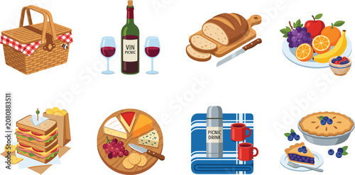 Summer Picnic Icon Set with Basket, Wine, Bread, Fruit, Sandwich, Pie, and Blanket for Outdoor Food and Nature Designs