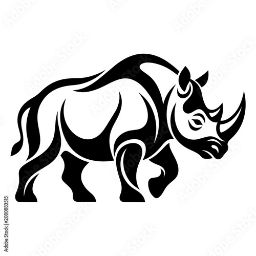 A black illustration of a rhinoceros standing in profile view