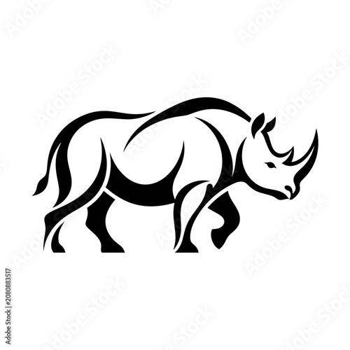 A black rhinoceros walks in profile on a white background illustration