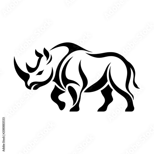 A black rhinoceros walks slowly on a plain.