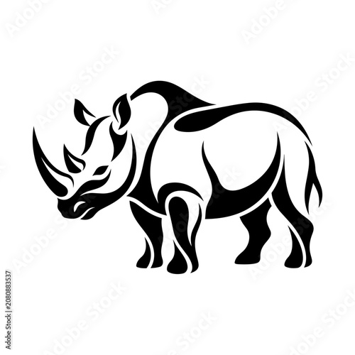 A black silhouette illustration of a rhinoceros standing in profile