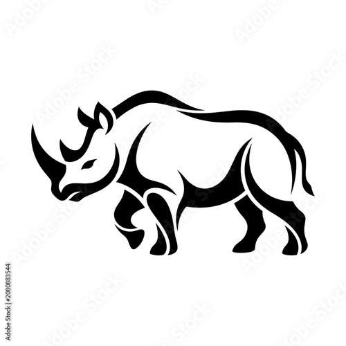 A black illustration of a rhinoceros standing in profile view.