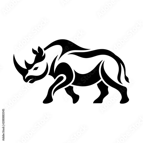 A black silhouette illustration of a rhinoceros walking in profile