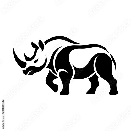 A black rhino walks slowly in the savannah landscape.