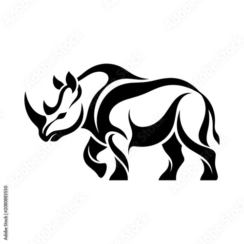 A black silhouette illustration of a rhinoceros standing in profile view
