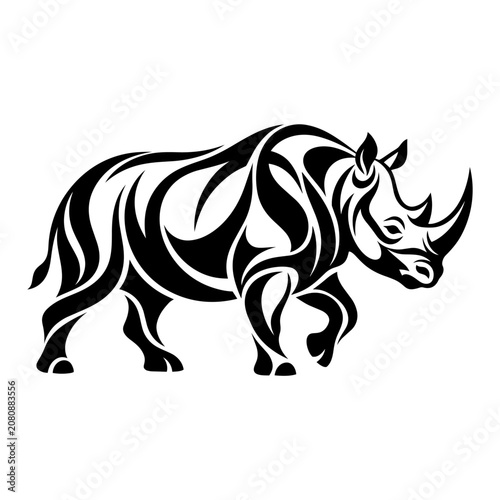 A stylized illustration of a walking rhinoceros with abstract patterns on its body.