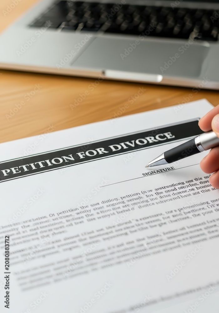 Obraz premium Close-up of a hand holding a pen to sign a petition for divorce legal document on a wooden desk
