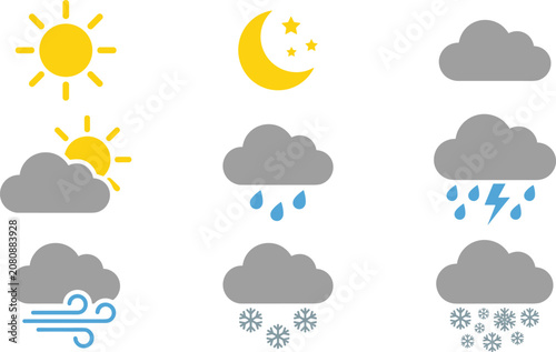 Weather Icon Set with Sun, Moon, Cloud, Rain, Snow, Wind, and Thunderstorm Symbols for Forecast Apps, Websites, and Climate Design Projects