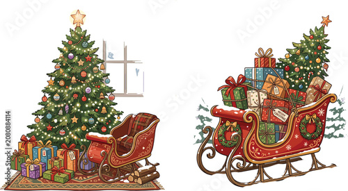 Vintage Christmas Tree and Ornate Sleigh Vector Illustration with Gift Boxes and Wreaths for Greeting Cards, Posters, and Festive Decor Designs