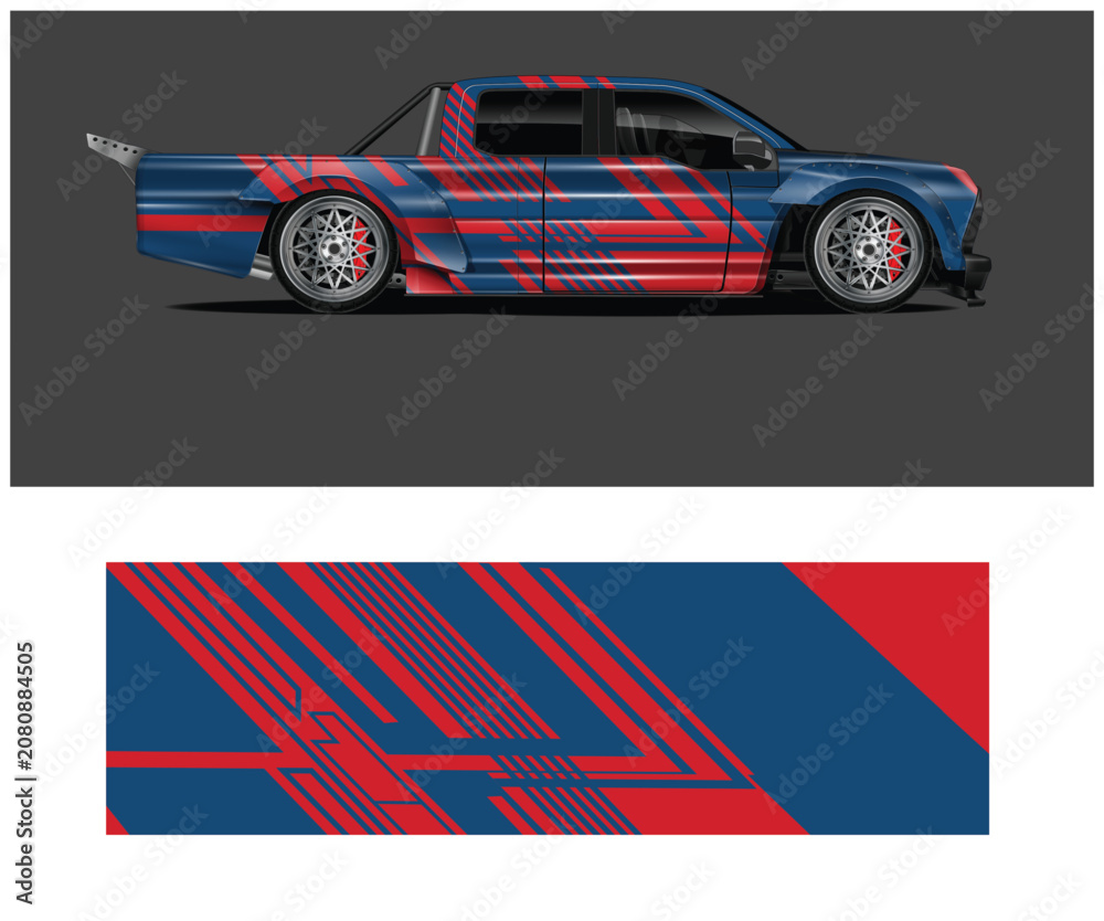 Fototapeta premium Dynamic Car Wrap Design with Red and Blue Stripes